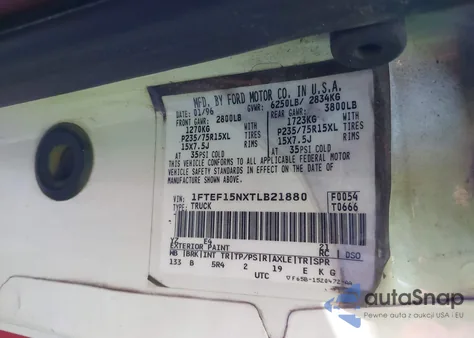 1996 Ford F150 z USA, uszkodzony, nr VIN 1FTEF15NXTLB21880